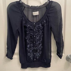 Abercrombie & Fitch Sheer Navy Blue Ruffled Floral Embroidered Top Small